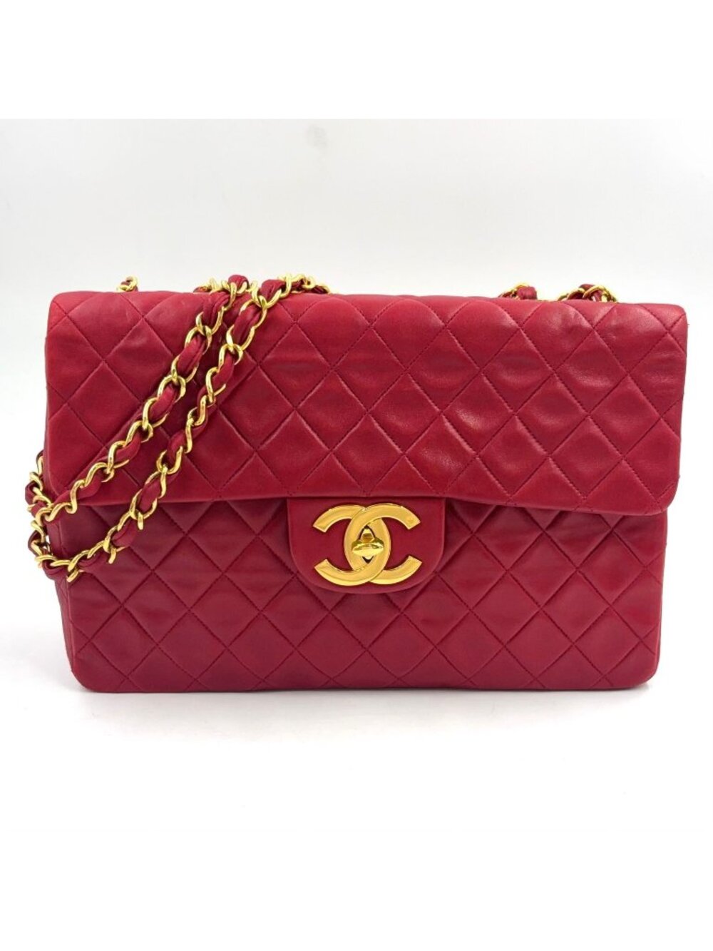 Chanel Quilted Chain Lambskin Red Shoulder Bag Gold